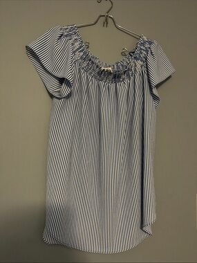 Michael Kors Blue and White Striped Off-Shoulder Tunic